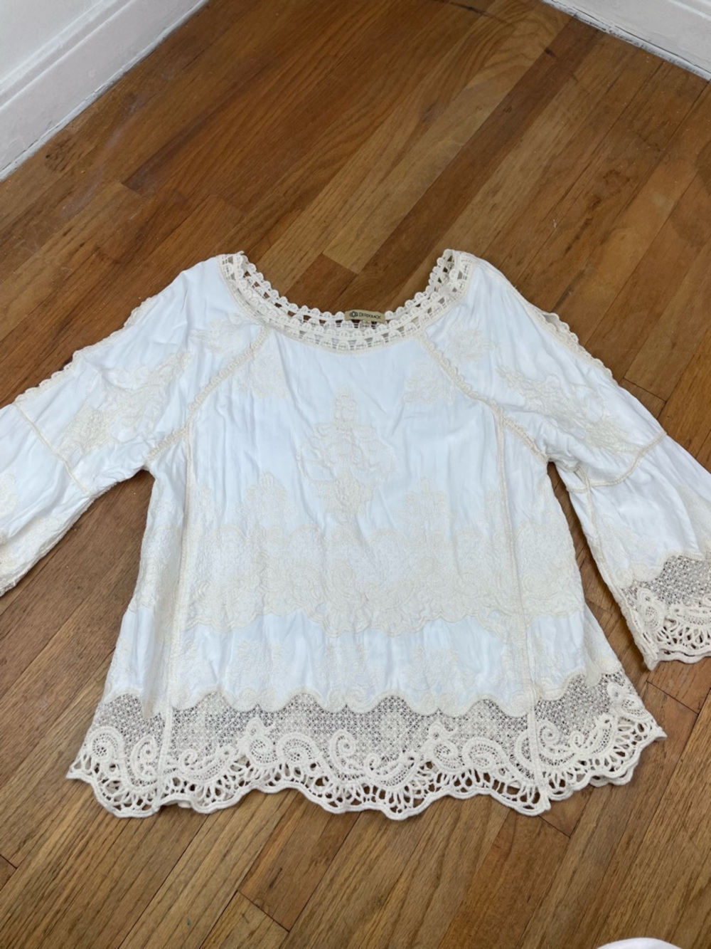 Democracy Cream and White Crochet-Trim Peasant Blouse - Picture 3 of 16